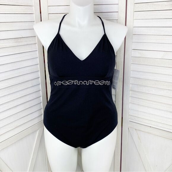 Maxine of Hollywood Azul Swimsuit Studded One Piece Black Silver 16 - Picture 1 of 12